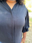 Black Gathered Balloon Sleeve Blouse