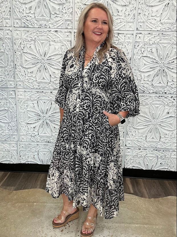 Black & Ivory Printed Tiered Midi Dress