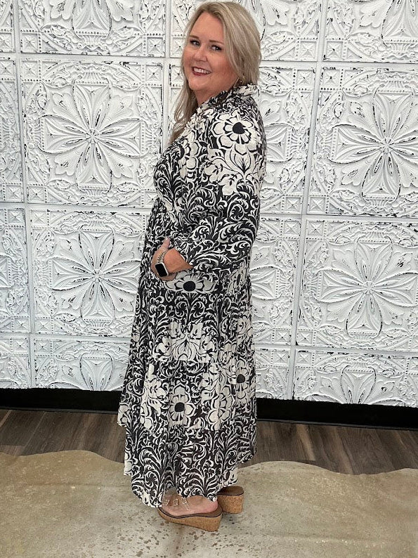 Black & Ivory Printed Tiered Midi Dress