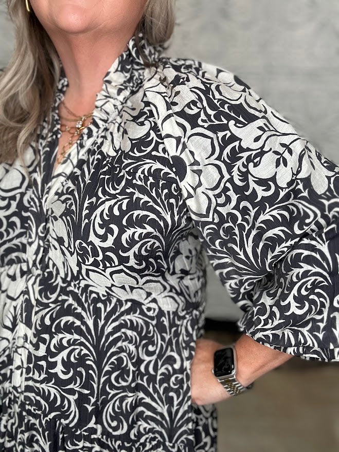 Black & Ivory Printed Tiered Midi Dress