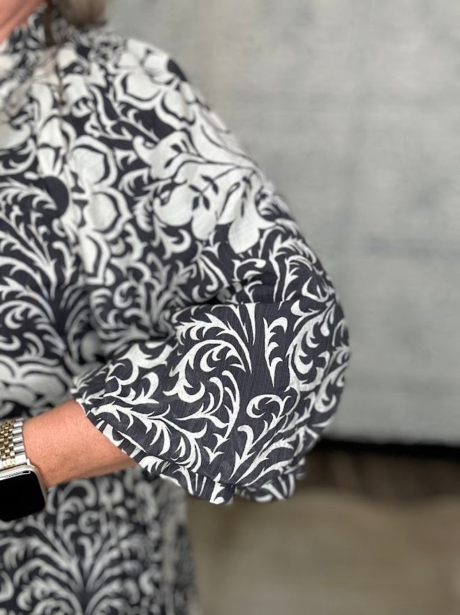 Black & Ivory Printed Tiered Midi Dress