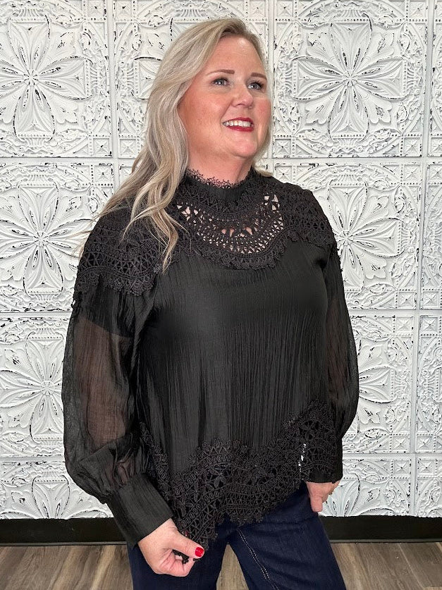 Black Lace Patchwork High Neck Blouse