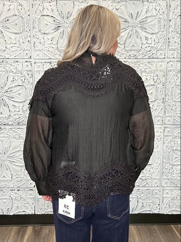 Black Lace Patchwork High Neck Blouse