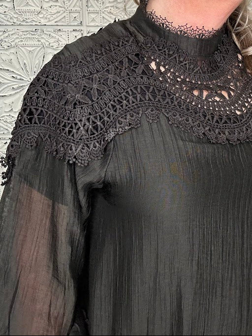 Black Lace Patchwork High Neck Blouse