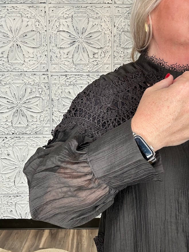 Black Lace Patchwork High Neck Blouse