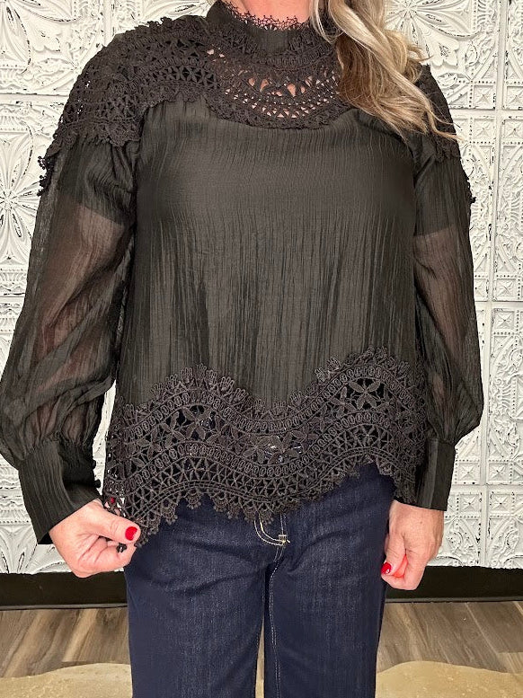 Black Lace Patchwork High Neck Blouse