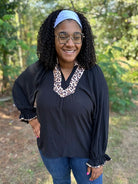 Black Leopard Trim V-Neck Puff Sleeve Blouse