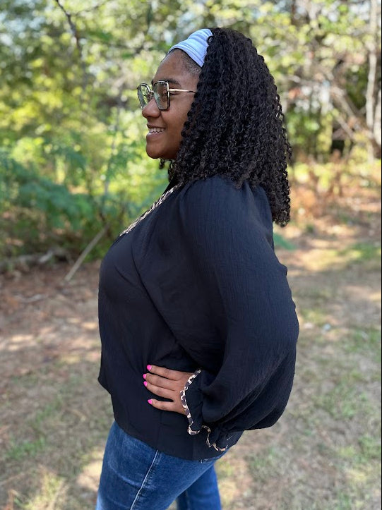 Black Leopard Trim V-Neck Puff Sleeve Blouse