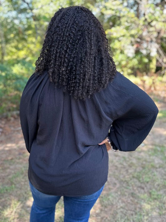 Black Leopard Trim V-Neck Puff Sleeve Blouse