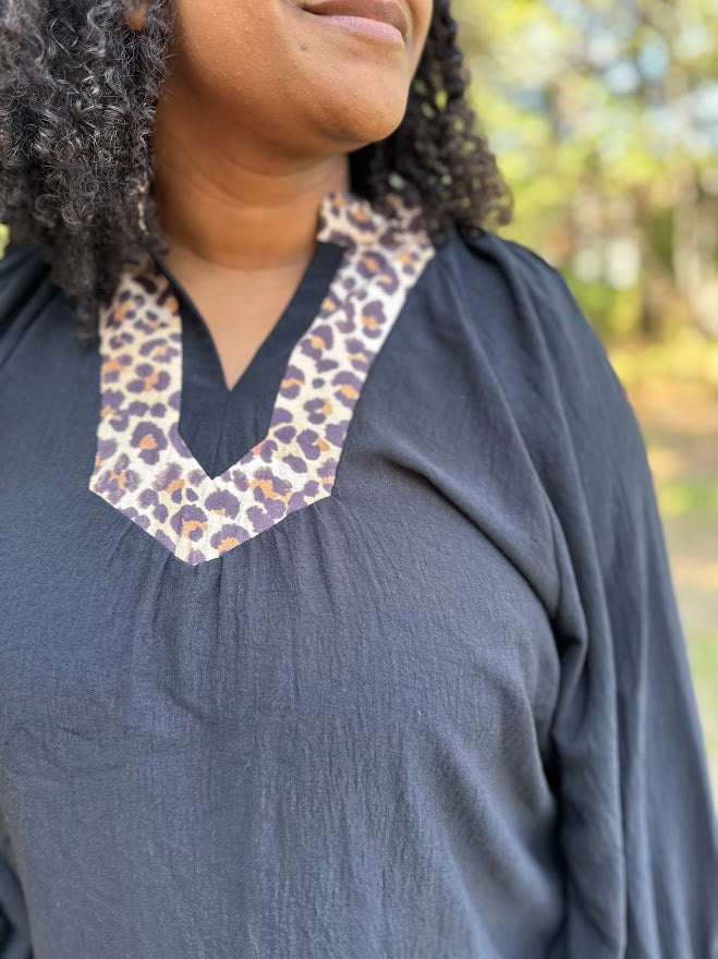 Black Leopard Trim V-Neck Puff Sleeve Blouse