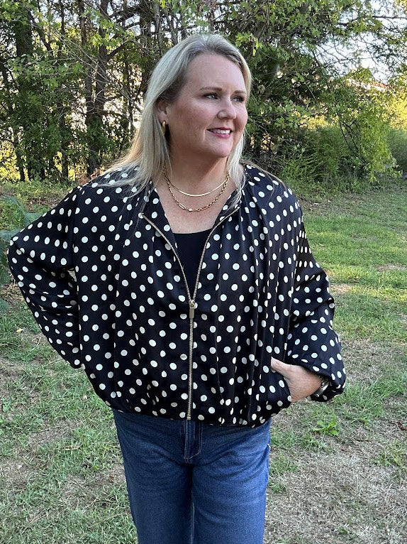 Black Polka Dot Satin Zip-Up Jacket