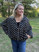 Black Polka Dot Satin Zip-Up Jacket