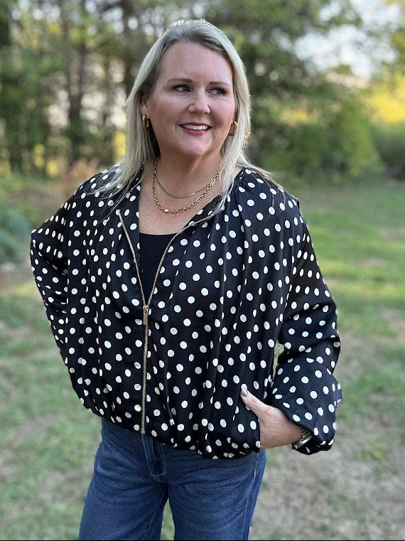 Black Polka Dot Satin Zip-Up Jacket