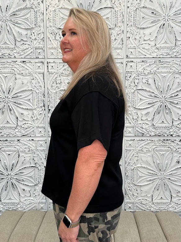 Black Soft Knit Collared V-Neck Top