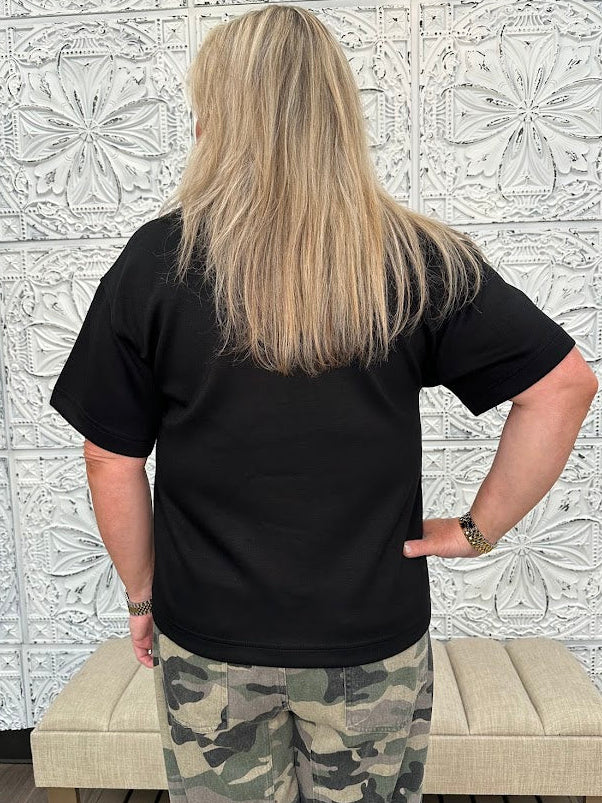 Black Soft Knit Collared V-Neck Top