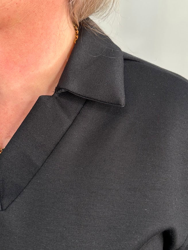 Black Soft Knit Collared V-Neck Top
