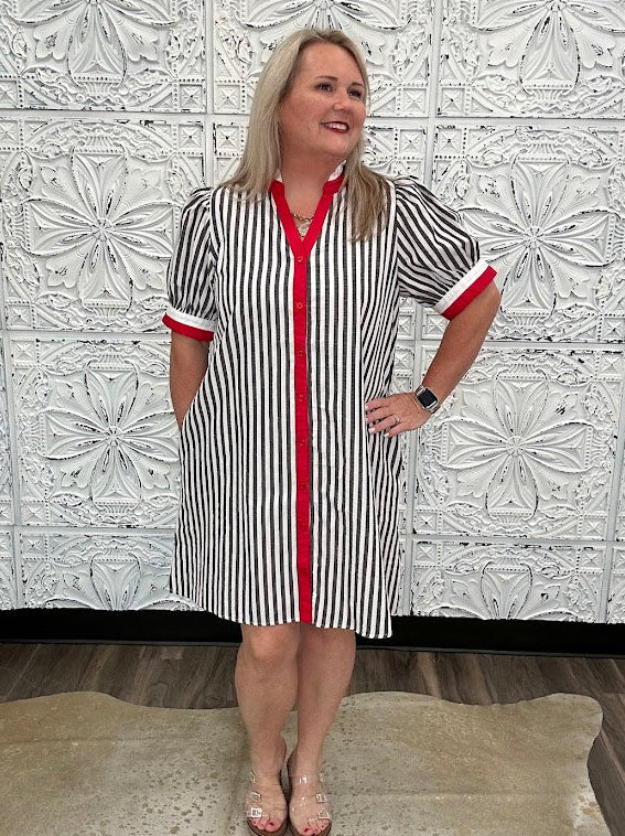 Black & White Striped Contrast Trim Shirt Dress
