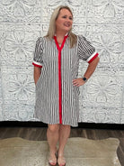Black & White Striped Contrast Trim Shirt Dress