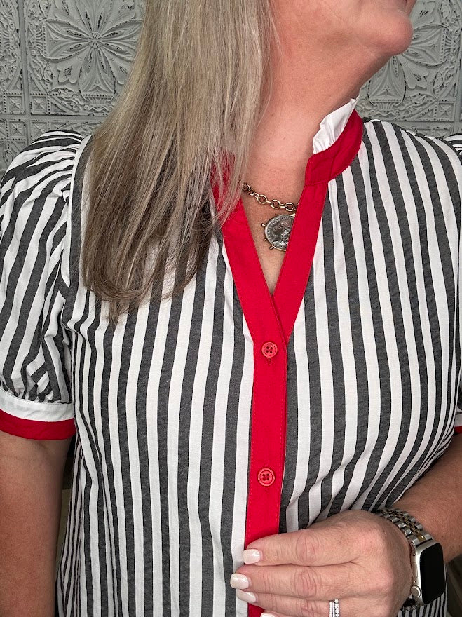 Black & White Striped Contrast Trim Shirt Dress