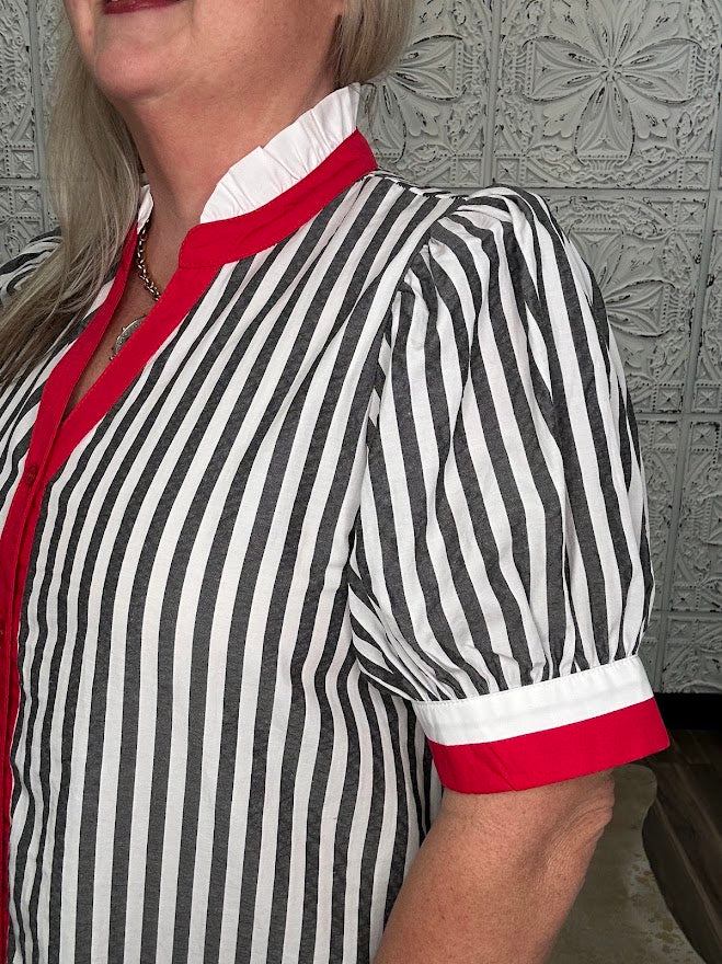 Black & White Striped Contrast Trim Shirt Dress