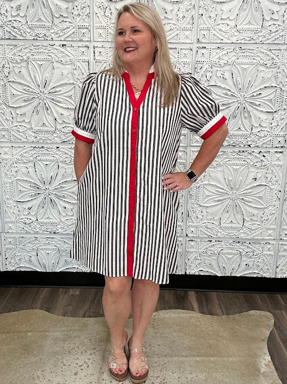Black & White Striped Contrast Trim Shirt Dress