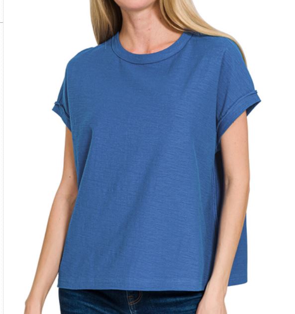 Cotton Slub Round Neck Short Sleeve Tee blue zenana