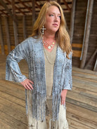 Blue Denim Print Laser-Cut Faux Suede Fringe Jacket