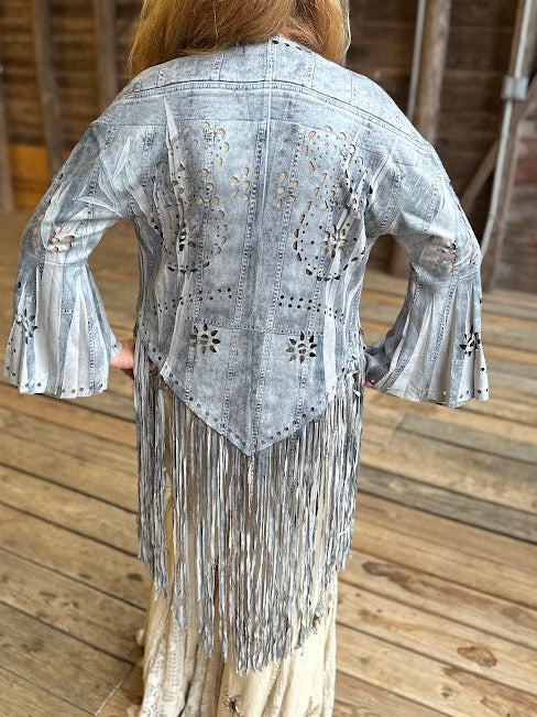 Blue Denim Print Laser-Cut Faux Suede Fringe Jacket