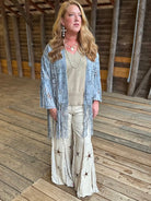 Blue Denim Print Laser-Cut Faux Suede Fringe Jacket