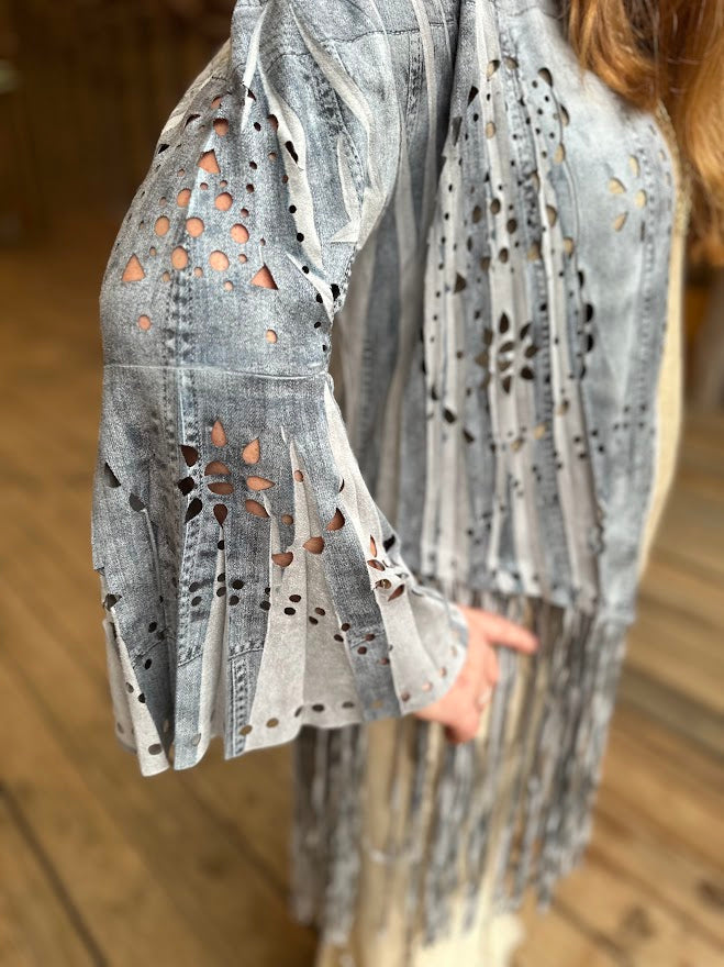 Blue Denim Print Laser-Cut Faux Suede Fringe Jacket