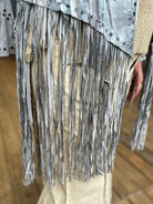 Blue Denim Print Laser-Cut Faux Suede Fringe Jacket