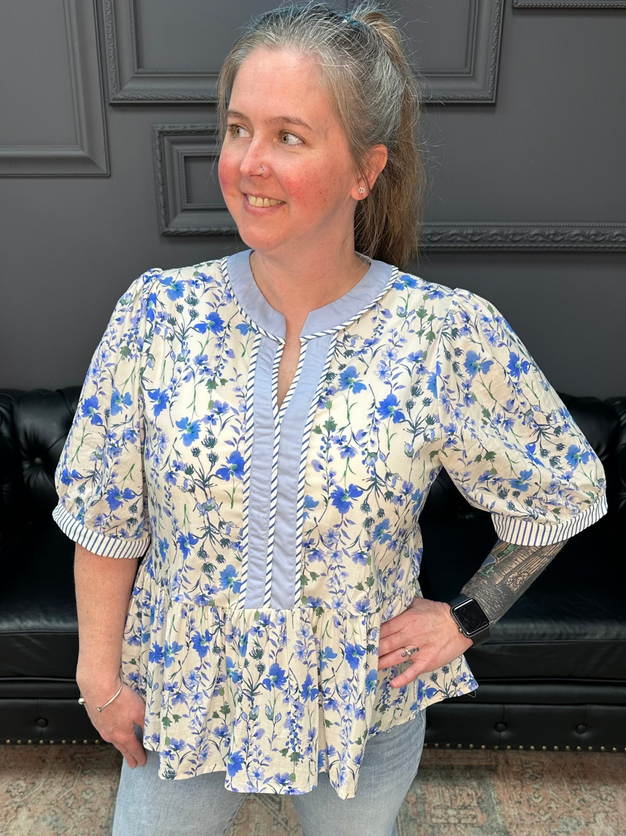 blue floral blouse, peplum floral top, contrast trim blouse, womens spring tops, lightweight woven blouse, feminine boutique tops