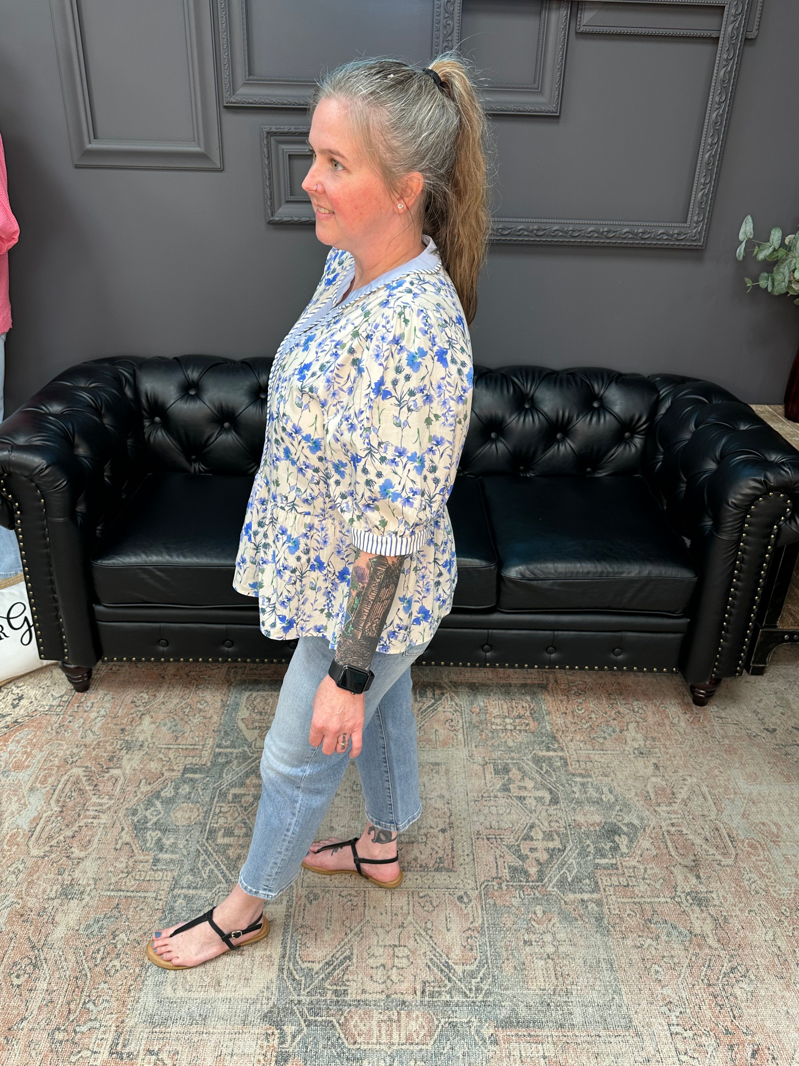blue floral blouse, peplum floral top, contrast trim blouse, womens spring tops, lightweight woven blouse, feminine boutique tops