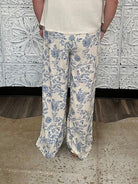 Blue Floral Linen Blend Wide Leg Pants