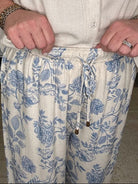 Blue Floral Linen Blend Wide Leg Pants