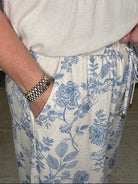 Blue Floral Linen Blend Wide Leg Pants