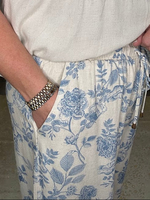 Blue Floral Linen Blend Wide Leg Pants