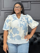 printed woven top, bubble sleeve top, women’s boutique top, contrast trim blouse, everyday blouse, casual work top