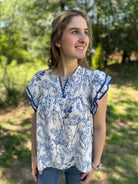 Blue Floral Ruffle Sleeve V-Neck Blouse with Contrast Trim