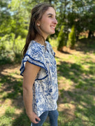 Blue Floral Ruffle Sleeve V-Neck Blouse with Contrast Trim