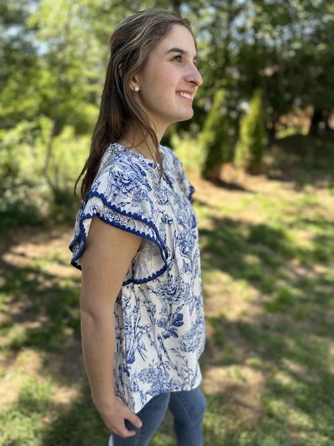 Blue Floral Ruffle Sleeve V-Neck Blouse with Contrast Trim