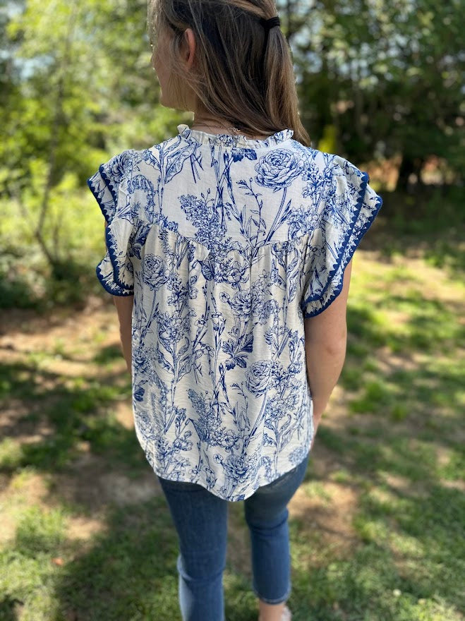 Blue Floral Ruffle Sleeve V-Neck Blouse with Contrast Trim
