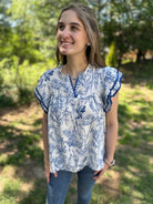Blue Floral Ruffle Sleeve V-Neck Blouse with Contrast Trim