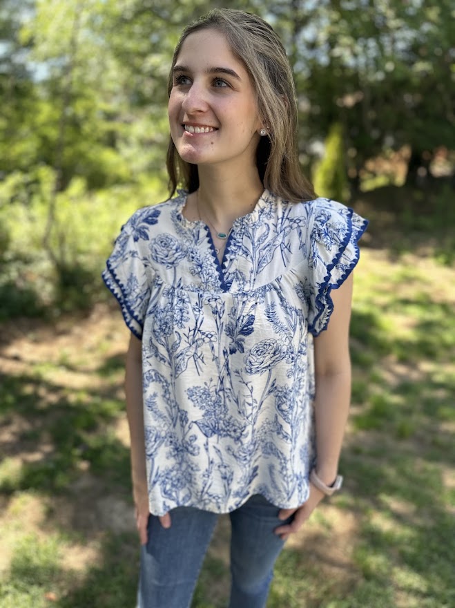 Blue Floral Ruffle Sleeve V-Neck Blouse with Contrast Trim