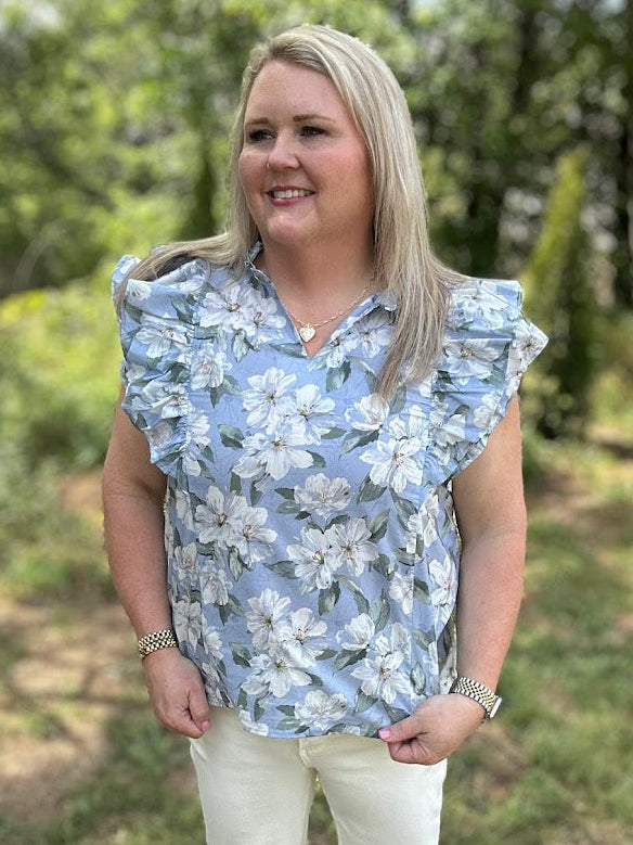 Blue Floral Ruffle Sleeve V-Neck Cotton Blouse