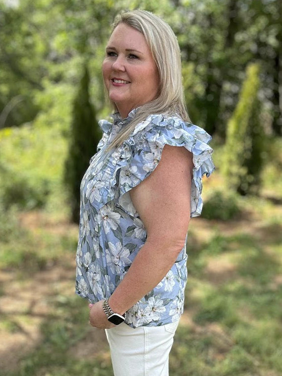 Blue Floral Ruffle Sleeve V-Neck Cotton Blouse