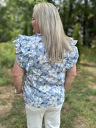 Blue Floral Ruffle Sleeve V-Neck Cotton Blouse