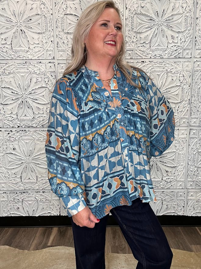 Blue Geometric Floral Button Front Blouse