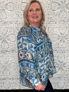 Blue Geometric Floral Button Front Blouse