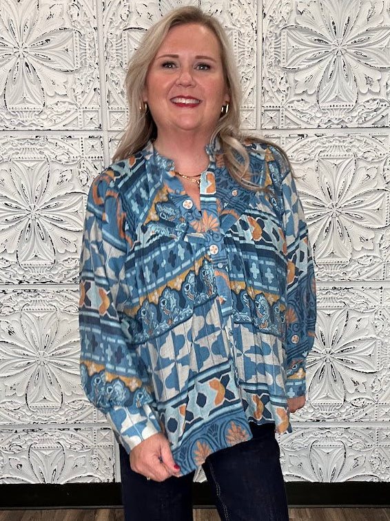 Blue Geometric Floral Button Front Blouse